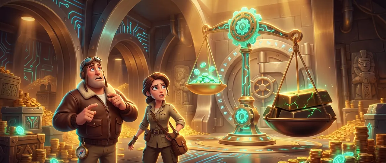 Illustration: two people look up at a huge balance scale where a single dark ingot outweighs a small pile of glowing coins