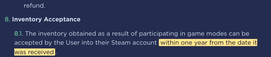 CSFAIL's User Agreement, section 8 Inventory Acceptance, clause 8.1: inventory can be accepted into the Steam account within one year from the date it was received. Captured from cs.fail on 11 September 2026; the yellow highlighting is ours.