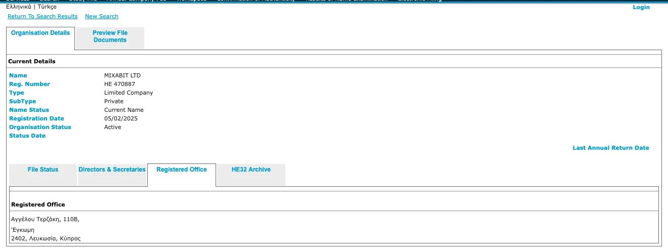 The Cyprus Department of Registrar of Companies entry for MIXABIT LTD, HE 470887: Limited Company, Private, Current Name, Registration Date 05/02/2025, Organisation Status Active, and the Registered Office tab showing Angelou Terzaki 110B, Engomi, 2402 Nicosia, Cyprus. Captured on 17 September 2026.