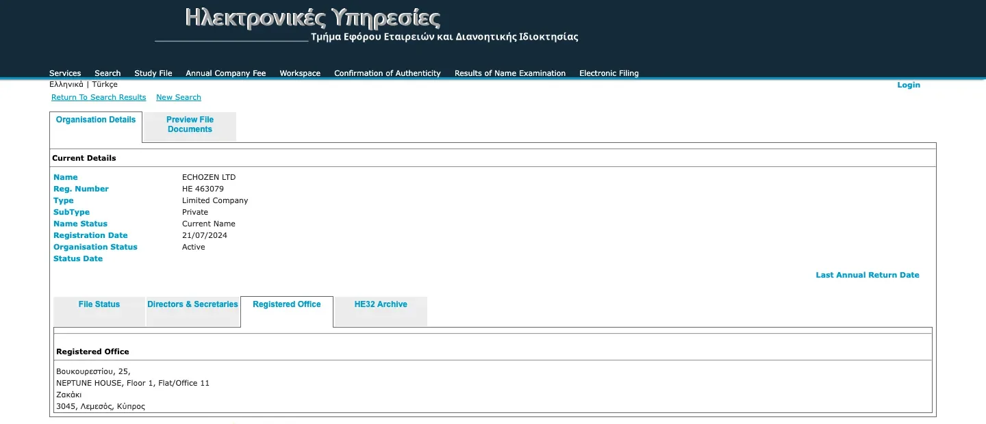 The Cyprus Department of Registrar of Companies entry for ECHOZEN LTD, HE 463079: Limited Company, Private, Current Name, Registration Date 21/07/2024, Organisation Status Active, and the Registered Office tab showing Voukourestiou 25, Neptune House, Floor 1, Flat/Office 11, Zakaki, 3045 Limassol. Captured on 18 September 2026.