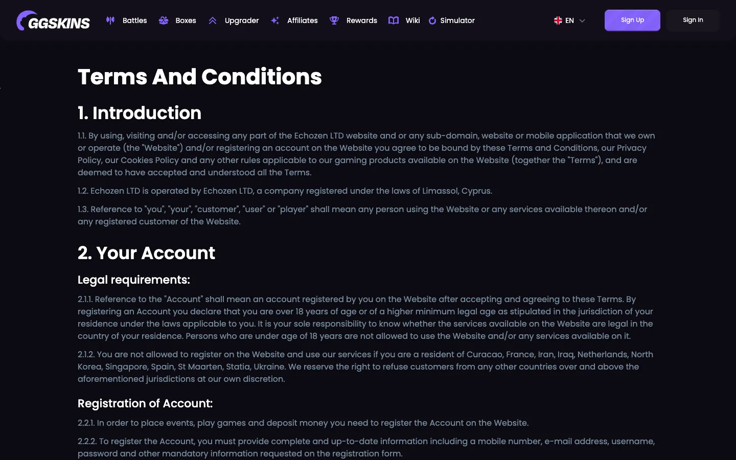 The top of the GGSkins Terms And Conditions page on 18 September 2026: clause 1.1 naming the Echozen LTD website, clause 1.2 saying Echozen LTD is operated by Echozen LTD, a company registered under the laws of Limassol, Cyprus, and clause 2.1.2 listing Curacao among the residents who may not register.
