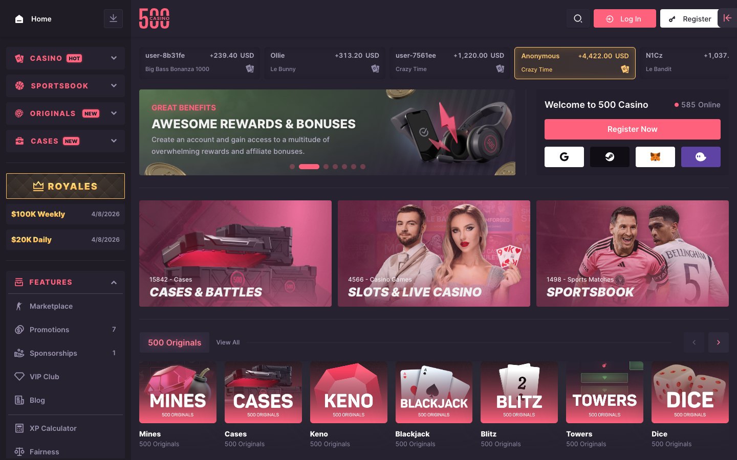 The 500.Casino home page as it appeared on 30 July 2026