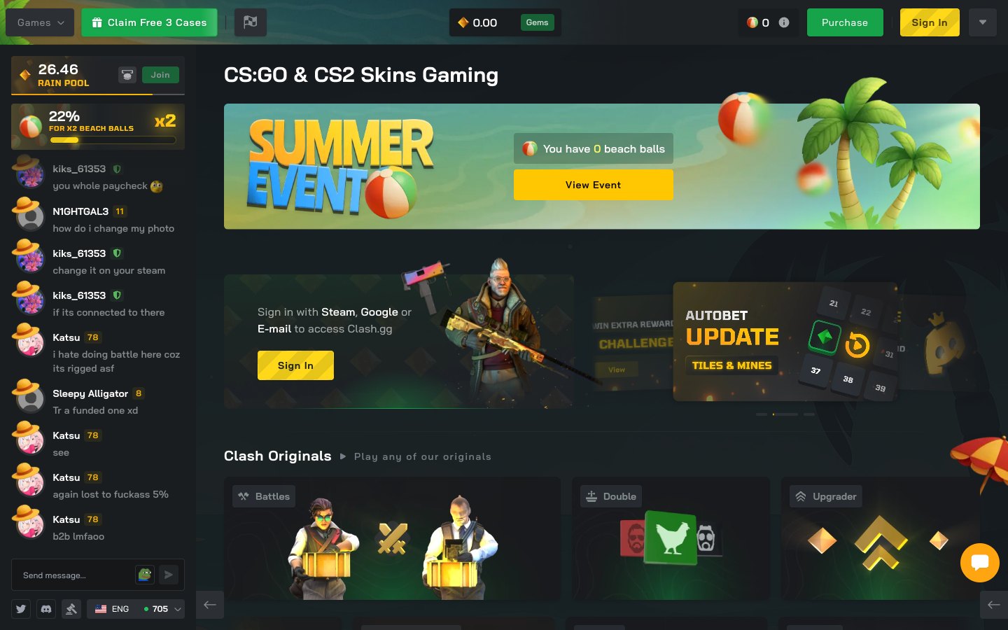 Clash.gg front page, captured 31 Jul 2026