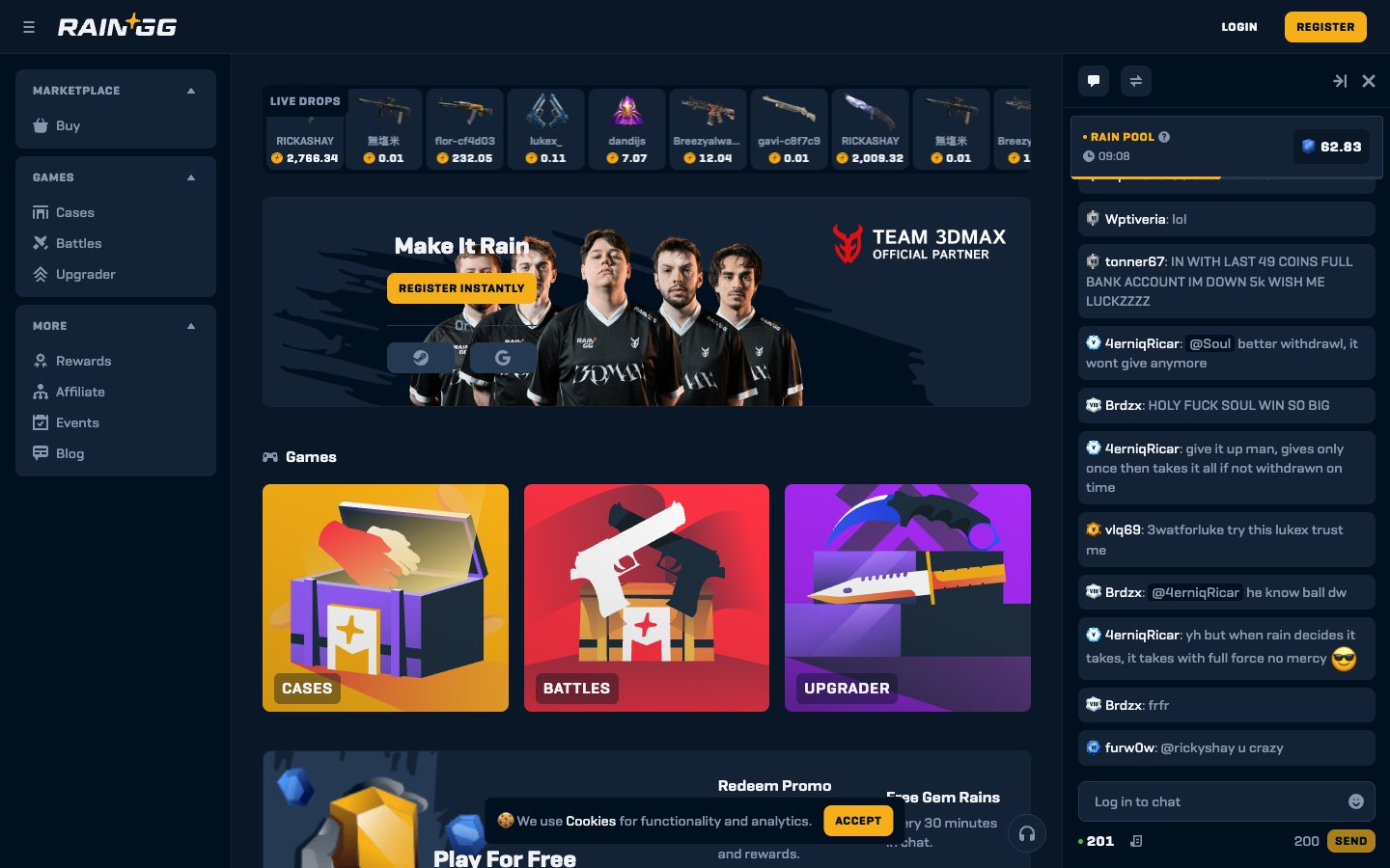 Rain.gg front page, captured 4 Aug 2026